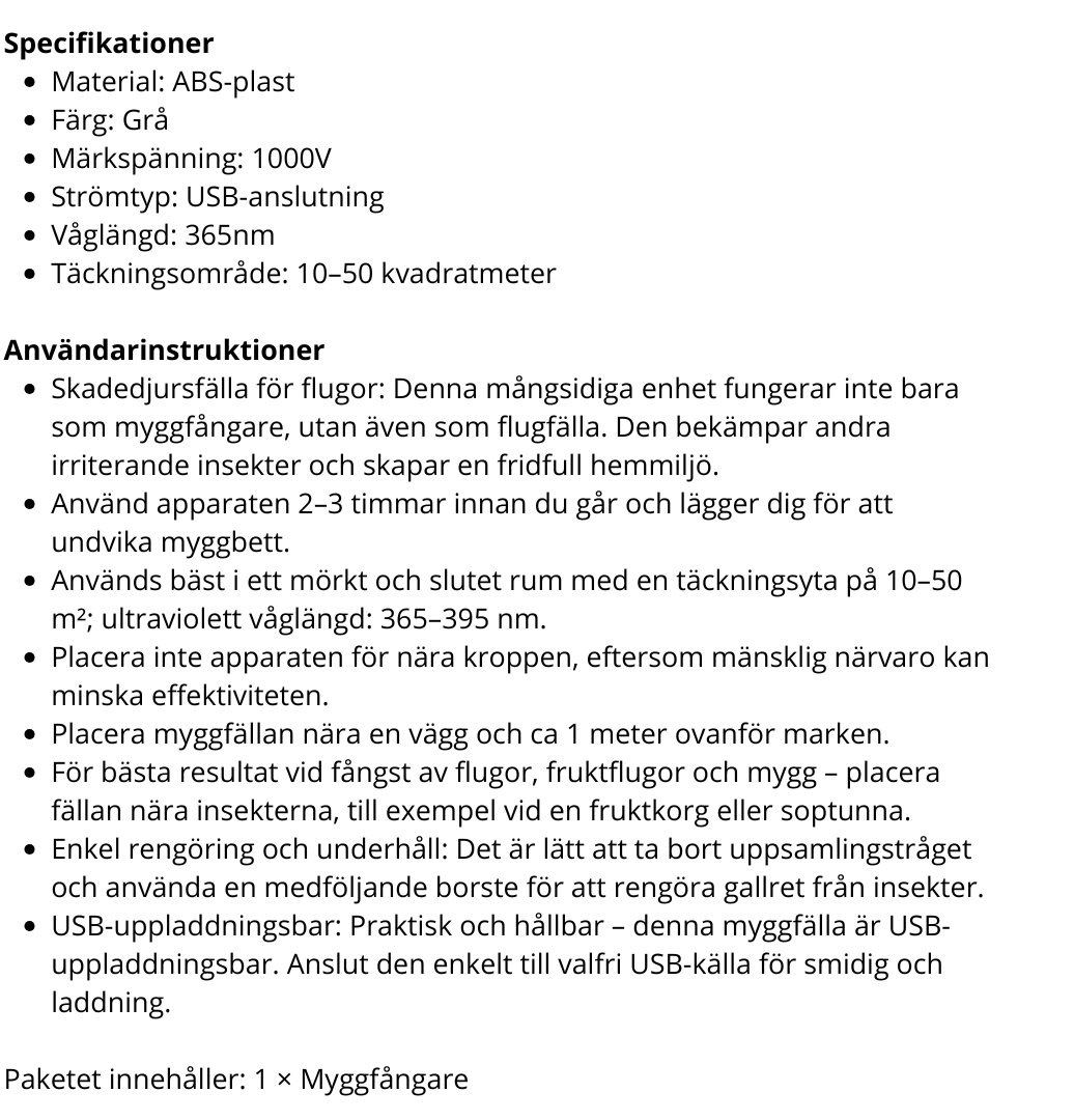 Bärbar Elektrisk Myggfångare